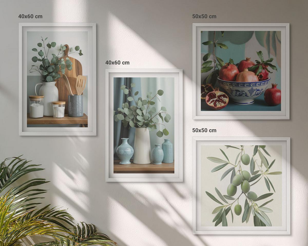 BILDER SET 4er Set - 50x50 cm & 40x60 cm Weißer Rahmen - Grüne Oliven, Eukalyptus - Weiß, Kunststoff (50/50cm) - TULUP