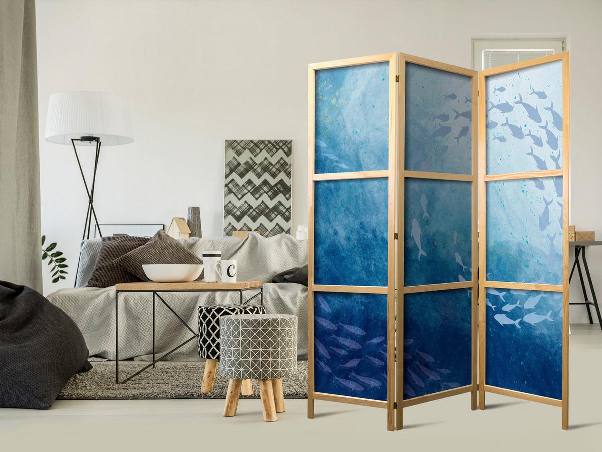 PARAVENT Japanischer 3-tlg 135x172 cm Fischschwarm im Meer - Blau, Holz/Textil (135/172/3cm) - Muralo