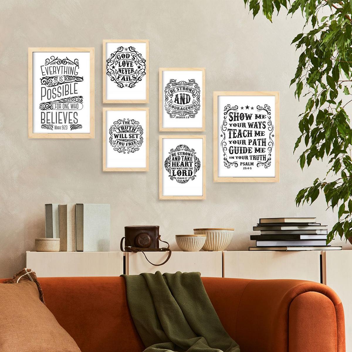 POSTER Set Mit 6 Biblisch In Rustikale Zitate A3 & A4 Rahmen Aus Hellem Holz - Beige, Papier (29/3cm) - Nacnic