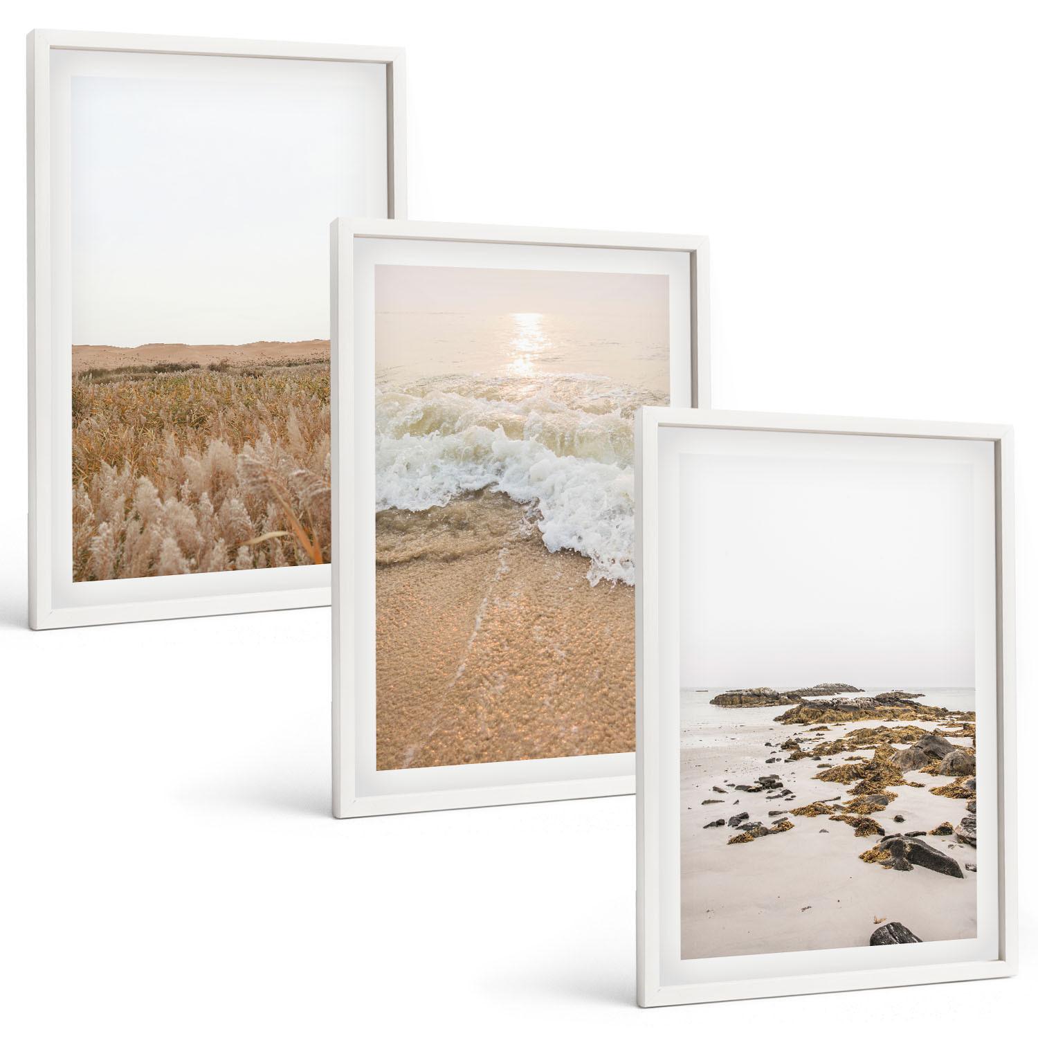 BILDER SET 3er Set - 40x60 cm Weißer Rahmen - Strandwellen, Steine, Sommer - Weiß, Kunststoff (40/60cm) - TULUP