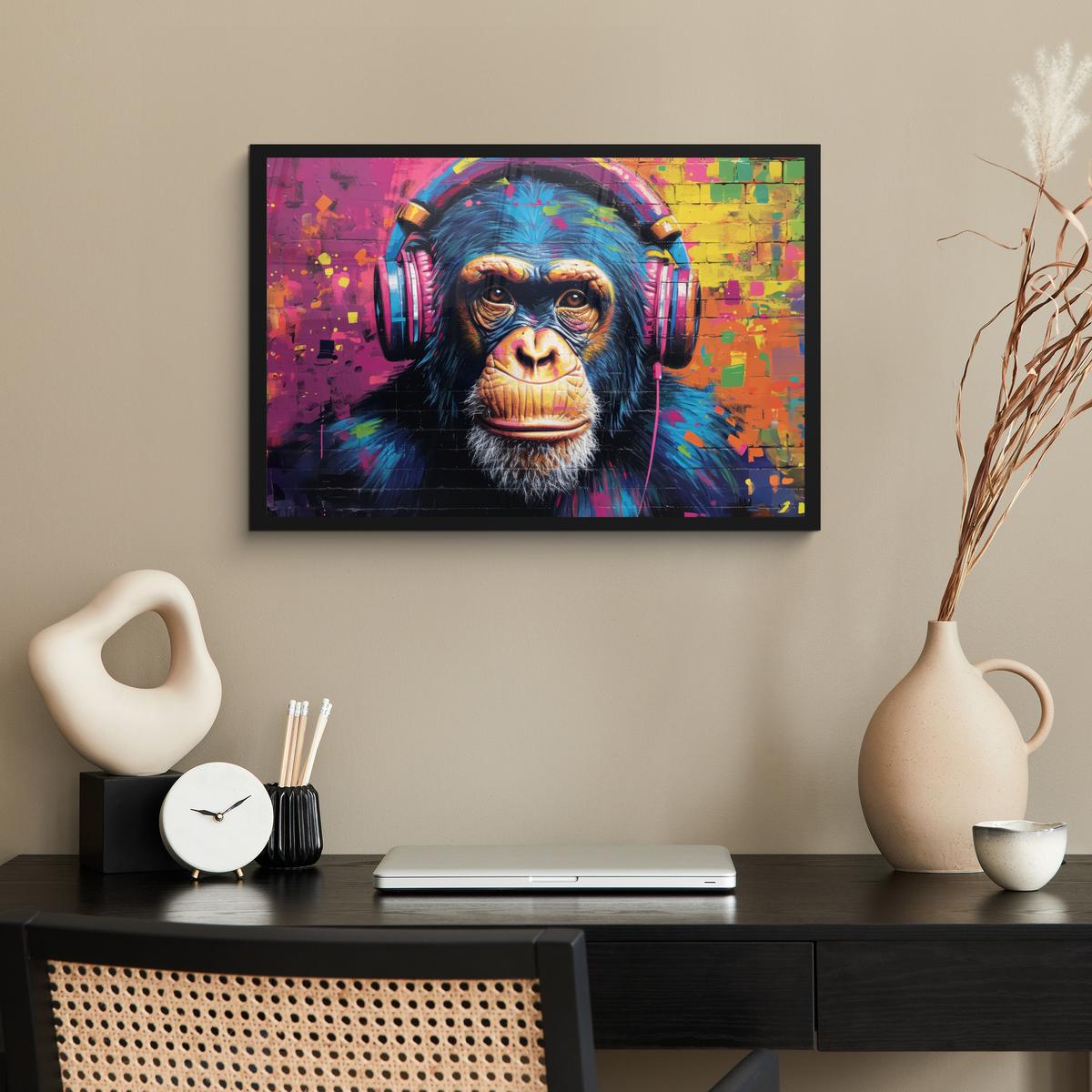POSTER MIT RAHMENGERAHMTES BILD Graffiti - Schimpanse - Straßenkunst - Kopfhörer - Affe 60x40 cm - Blau, Papier (60/40cm) - MuchoWow