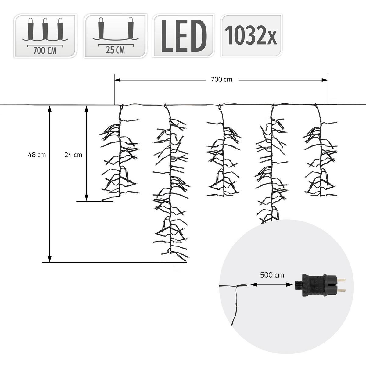 LED EISREGEN LICHTERKETTE Außen Innen Eiszapfen Weihnachtsbeleuchtung mit Timer 7m 1032 LED Warmweiß - Schwarz, Kunststoff (1200cm) - ECD-Germany
