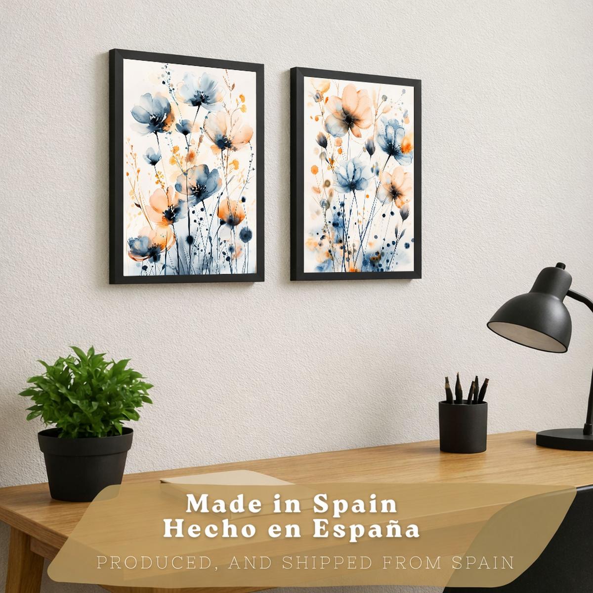 POSTER 2er-Set Wandbilder Blumen Blau Orange Boho modern Wohnzimmer Deko, Schlafzimmer, Küche, Badezimmer Rahmenlos A3 - Schwarz, Papier (29.7/1/42cm) - Nacnic