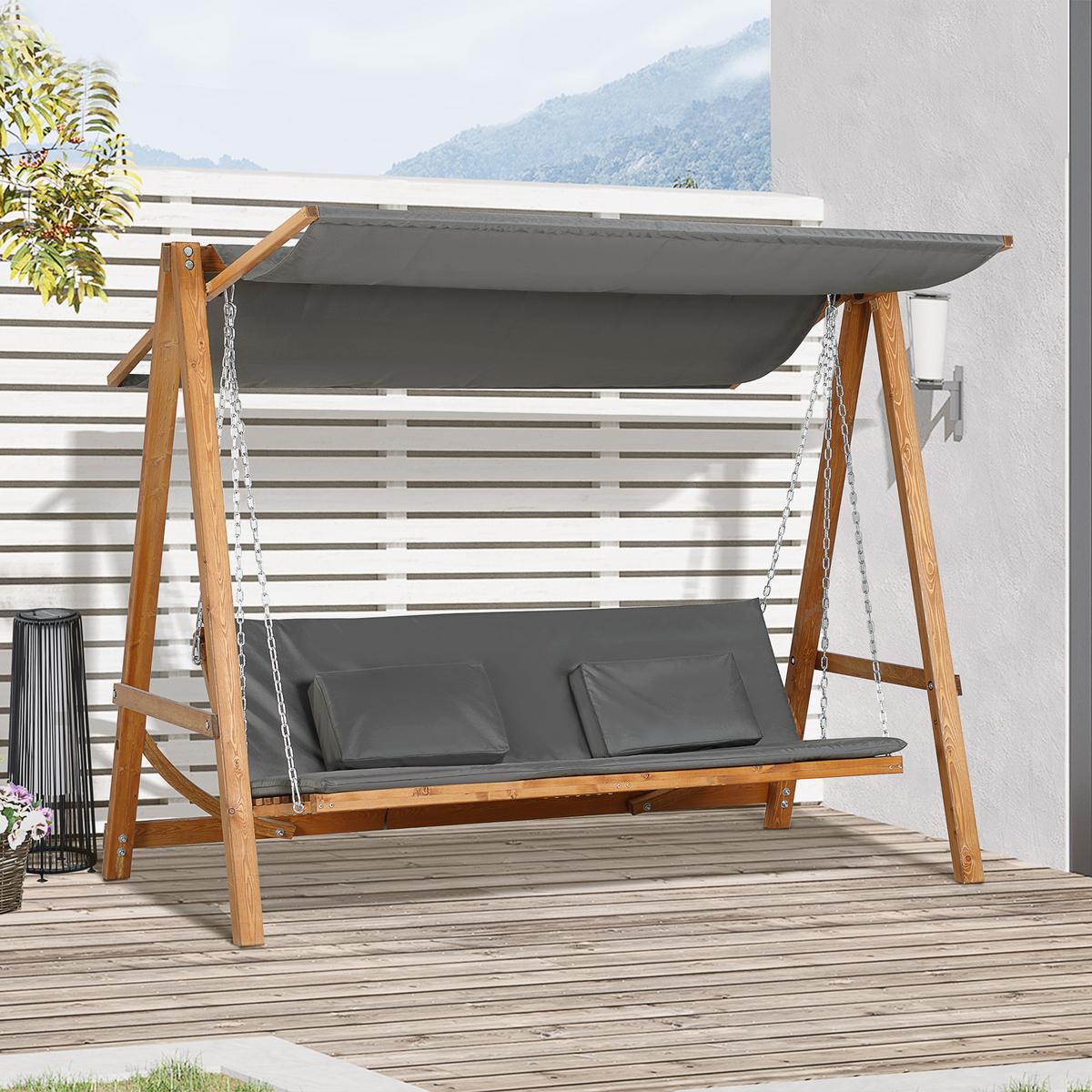 HOLLYWOODSCHAUKEL, mit Dach, Polyester, Grau, 225,5 x 130 x 180 cm - Grau, Holz (130/180/225.5cm) - Outsunny
