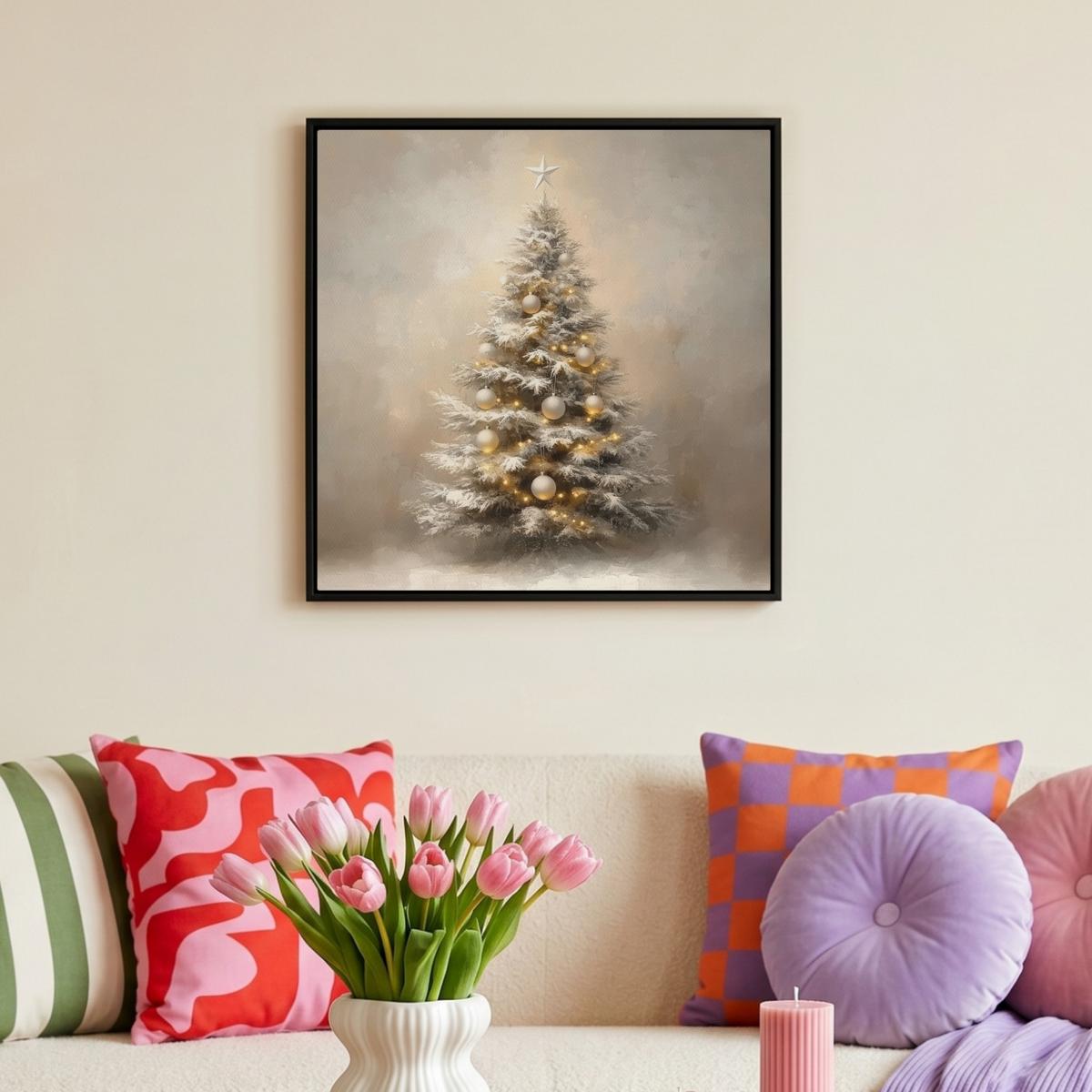 LEINWAND Bilder mit Rahmen - Weihnachten - Weihnachtsbaum - Schnee - Kunst - 50x50 - Champagner, Textil (50/50cm) - MuchoWow