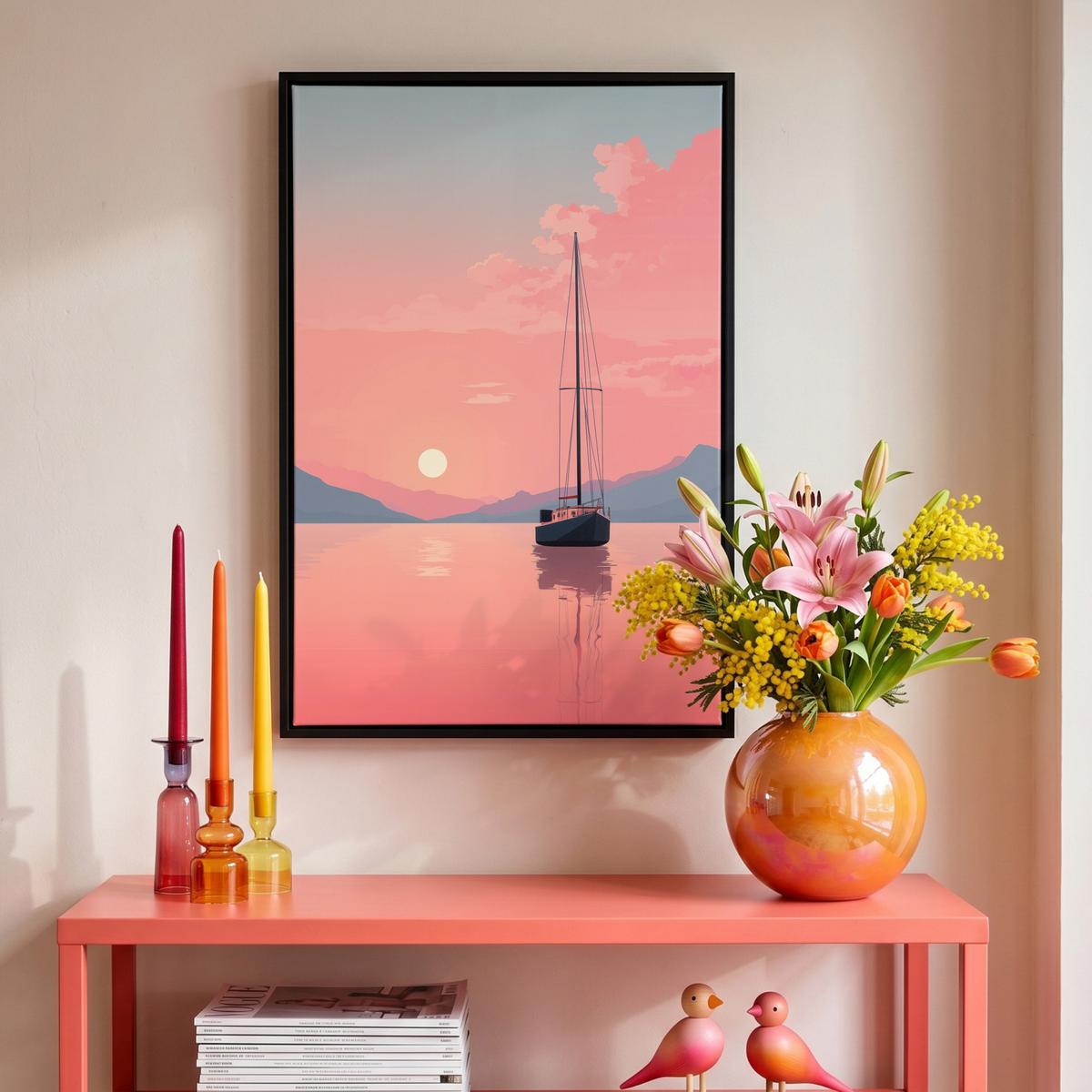 LEINWAND Bilder mit Rahmen - Segelboot - Rosa Meer - Sonnenuntergang - Berge - 40x60 - Rosa, Textil (40/60cm) - MuchoWow
