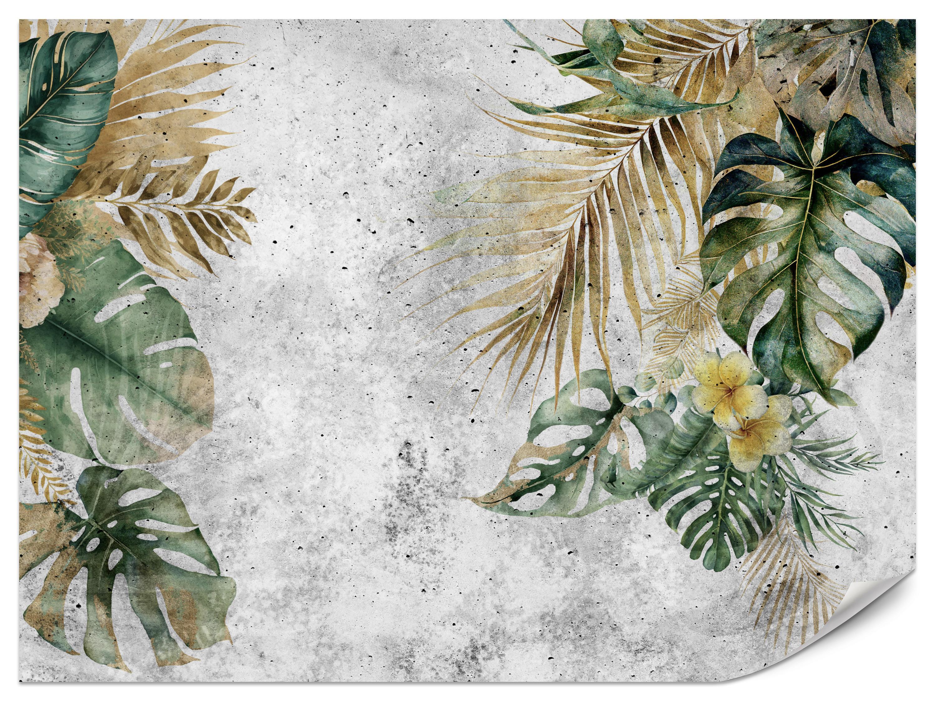 FOTOTAPETE für Wohnzimmer Tropische Blätter Blumen auf Grauer Beton 350x256 - Braun/Grau, Papier (350/256cm) - Muralo