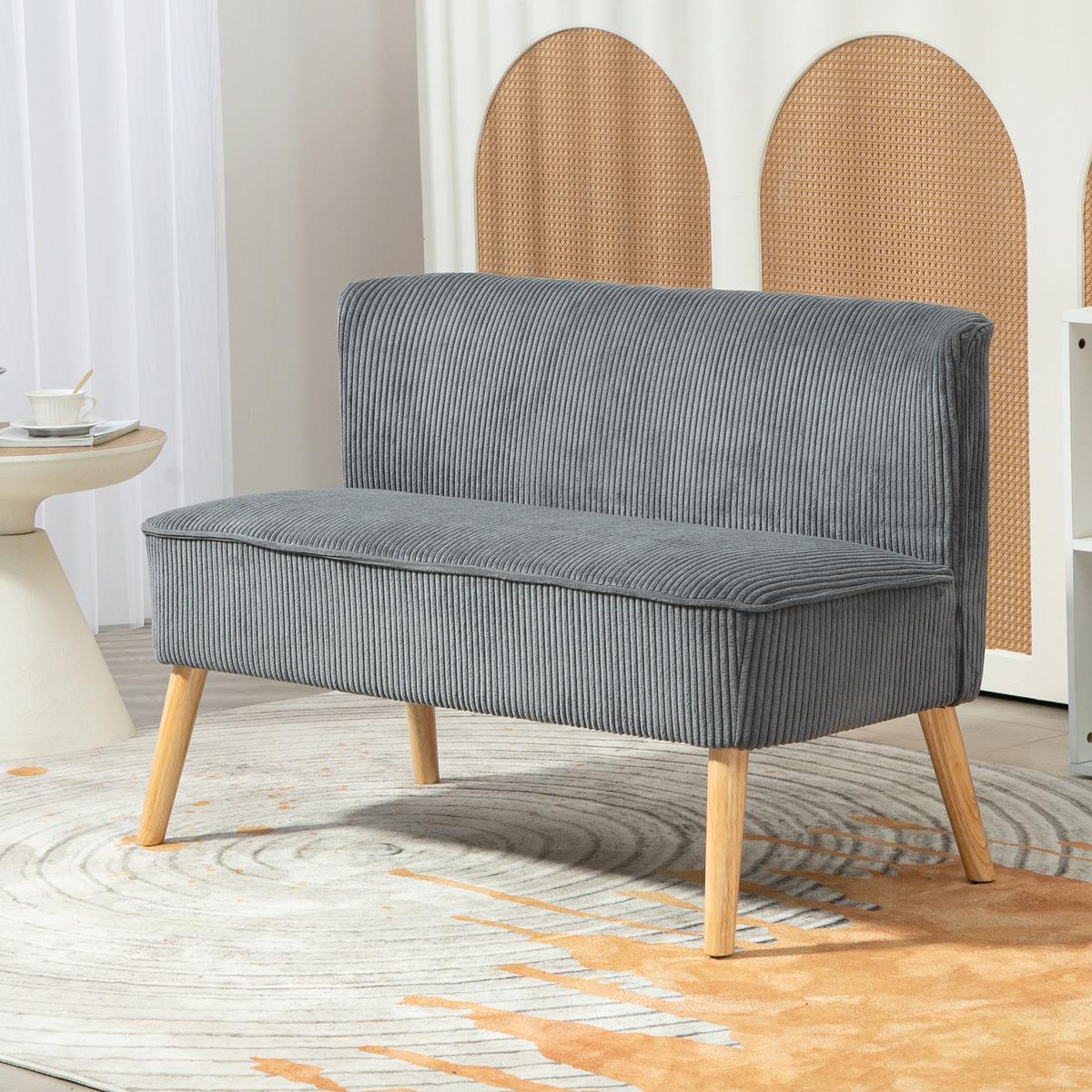 2 Sitzer Sofa, Gepolsterte Couch mit Kordoptik, Holzbeine für Wohnzimmer, Grau - Hellgrau/Naturfarben, Holz/Textil (56.5/77/117cm) - HOMCOM