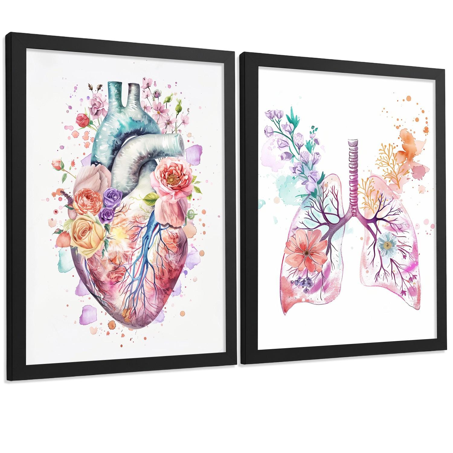 POSTER Set aus 2 Anatomie Mensch Drucke und Wandbilder mit Herz und Atmungssystem Floraler Stil Medizinische Wanddekoration Größe Schwarzer Rahmen A4 - Schwarz, Papier (21/29.7/3cm) - Nacnic