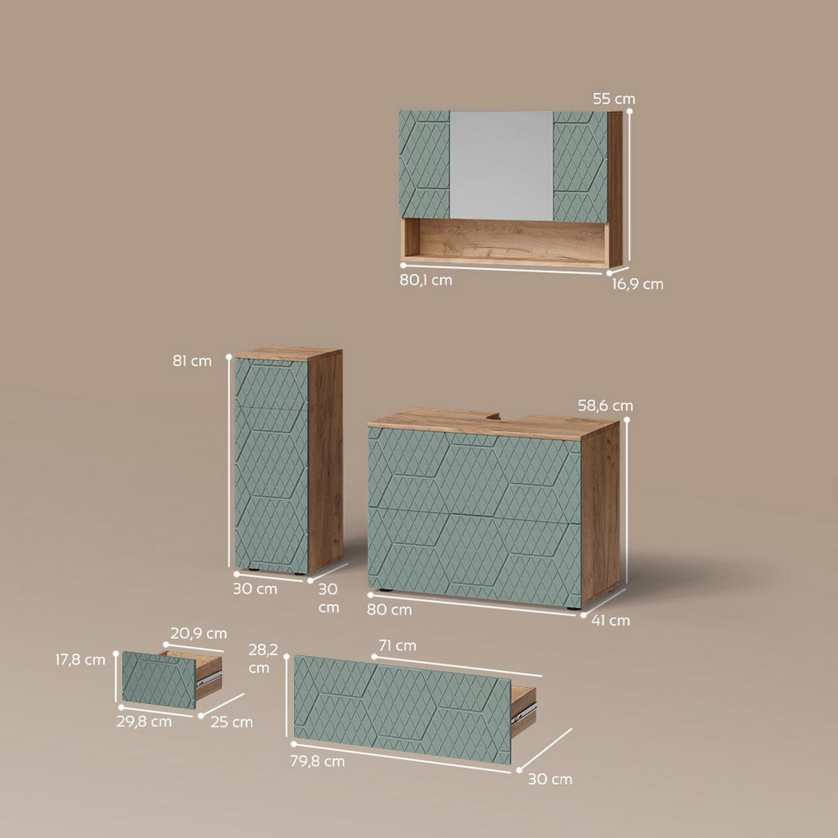 BADMÖBEL-SET Ronco Grün/Goldkraft Eiche 3 Teile, mit Schubladenschrank und Midischrank - Honigeiche/Grün, Holzwerkstoff (80/58/41cm) - Livinity®