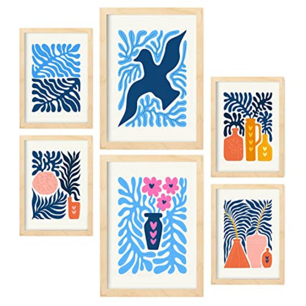 POSTER Set Mit 6 Minimalistischen In Leuchtenden Farben Blaue Blätter Drucke Von Landschaften Und Natur Für A3 & A4 Rahmen Aus Hellem Holz - Beige, Papier (29/3cm) - Nacnic