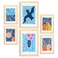 POSTER Set Mit 6 Minimalistischen In Leuchtenden Farben Blaue Blätter Drucke Von Landschaften Und Natur Für A3 & A4 Rahmen Aus Hellem Holz - Beige, Papier (29/3cm) - Nacnic