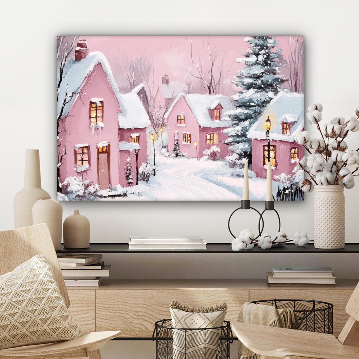 LEINWANDBILD Weihnachtsdorf - Rosa - Winter - Schnee - Häuser Gemälde 60x40 cm - Altrosa, Textil (60/40cm) - MuchoWow