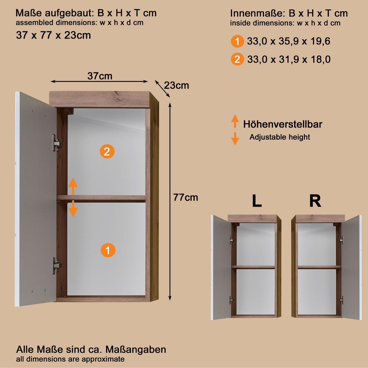 HÄNGESCHRANK weiß Hochglanz, Asteiche 37 x 77 cm, Badschrank hängend - Eichefarben/Weiß, Holzwerkstoff/Kunststoff (37/77/23cm) - Top.Furn