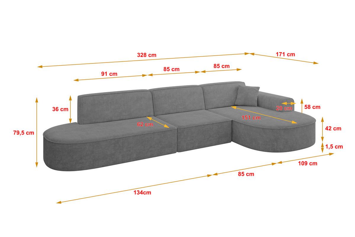 ECKSOFA Ottomane Rechts MARI-L2 - 328x171x79 cm Grau Velours - Schwarz/Grau, Holzwerkstoff/Kunststoff (171/328cm) - ALTDECOR
