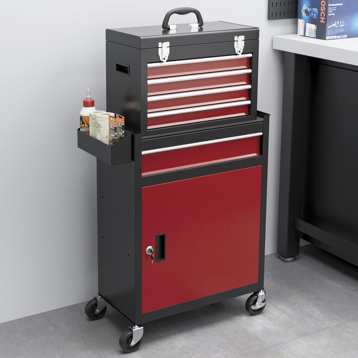 WERKSTATTWAGEN mit Rollen, mit 5 Schubladen, Max. Belastung 130kg, Schwarz+Rot - Rot, Metall (28/102/60cm) - HOMCOM