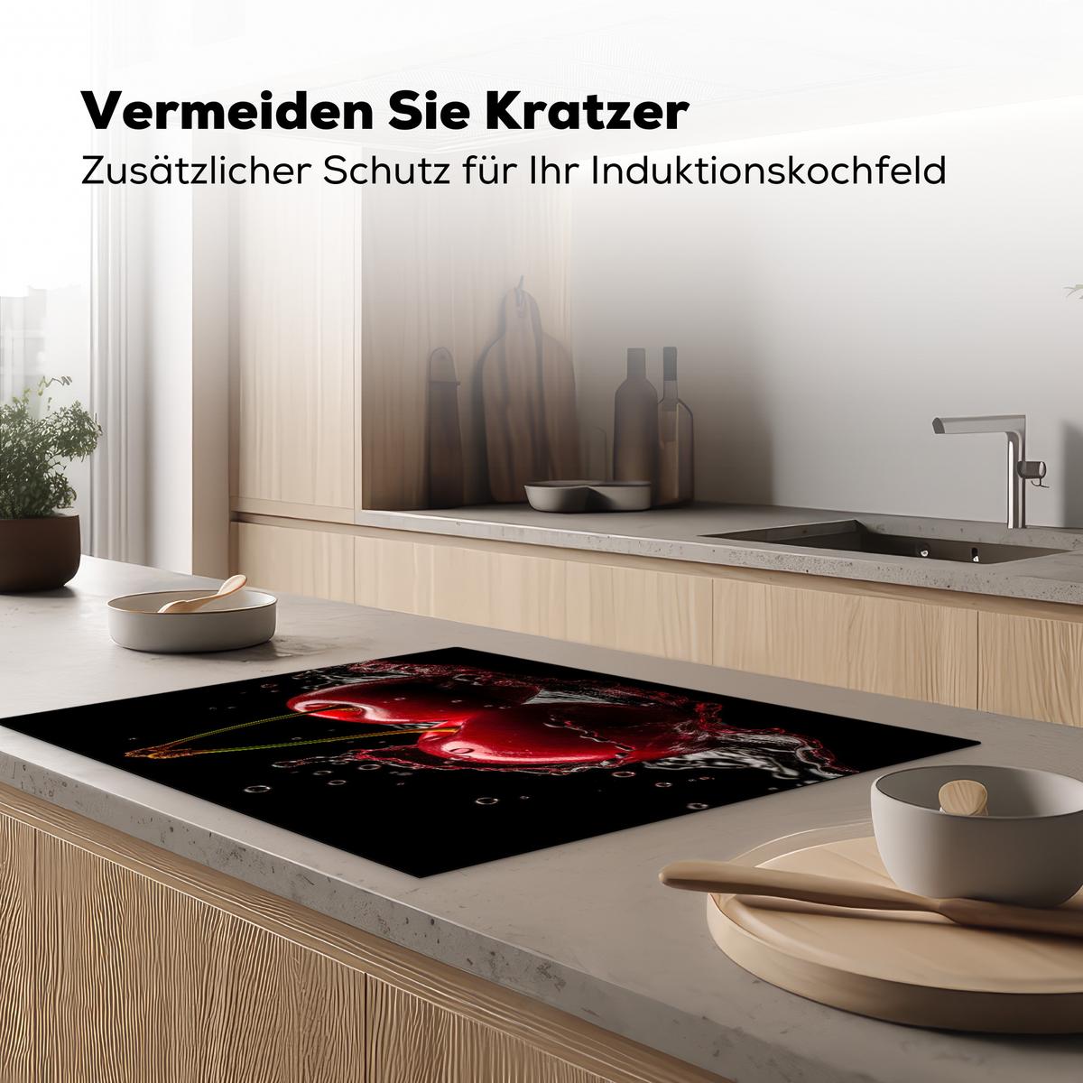 HERDABDECKPLATTE Kirsche - Rot - Frucht - Wasser - Schwarz Induktionsmatte 77x59 cm - Kirschrot, Kunststoff (77/59/0.2cm) - MuchoWow