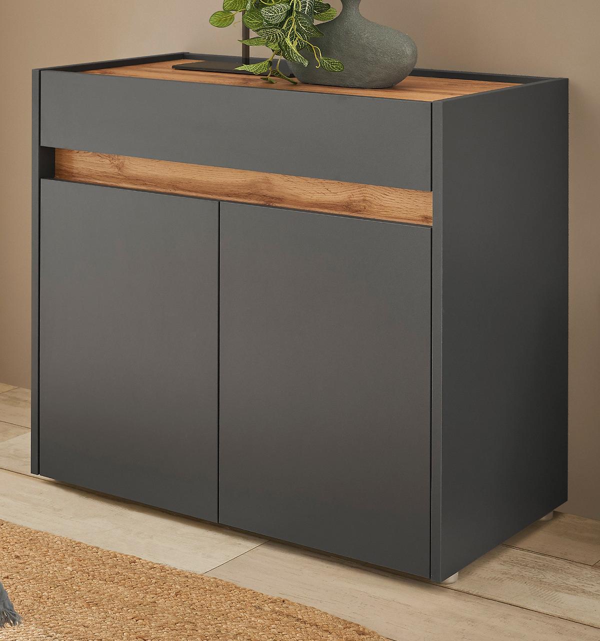 FLURKOMMODE grau matt, Eiche Wotan 80 cm, Schuhschrank mit Schubkästen - Eiche Wotan/Silberfarben, Holzwerkstoff/Kunststoff (80/70/40cm) - Furn.Design