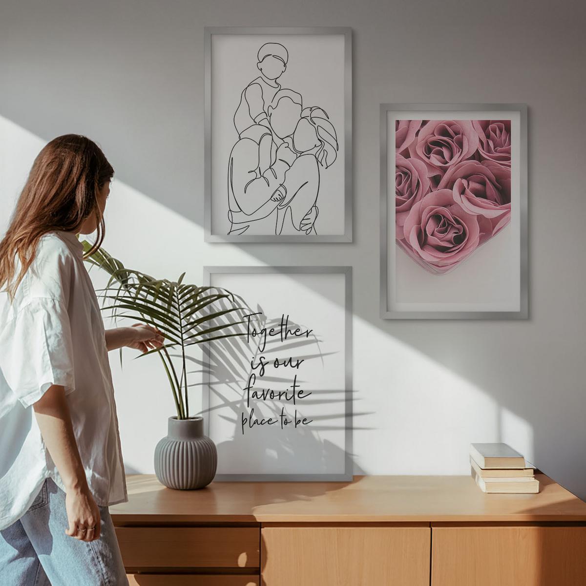 BILDER SET 3er Set - 40x60 cm Silberner Rahmen - Rosensträuße als Familienzeichnung - Silberfarben, Kunststoff (40/60cm) - TULUP