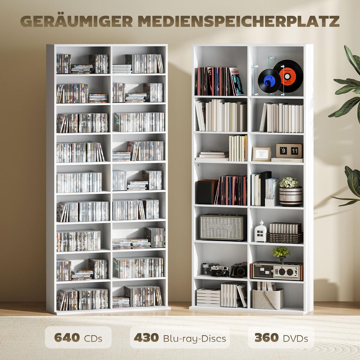 CD DVD Blueray Regal CD-Ständer mit 18 Fächern fürs Wohnzimmer Weiß - Weiß, Karton (24/175/78.5cm) - HOMCOM
