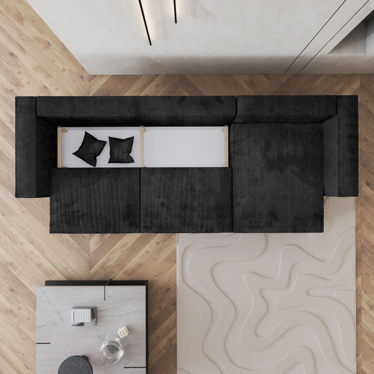 ECKSOFA TOLMO P Schwarz Kordstoff mit Schlaffunktion - Schwarz/Grau, Holz/Kunststoff (347/148cm) - MASSENO