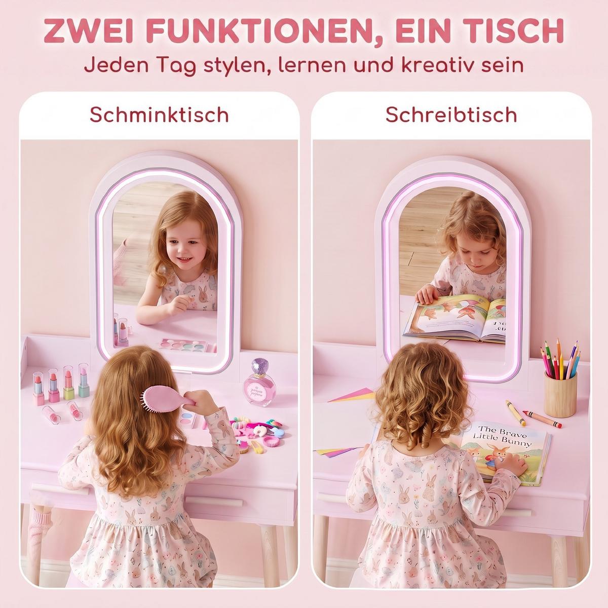 KINDER-SCHMINKTISCH-SET MDF Kiefernholz 2er Set Rosa - Weiß/Rosa, Holz/Holzwerkstoff (36/100/60cm) - AIYAPLAY