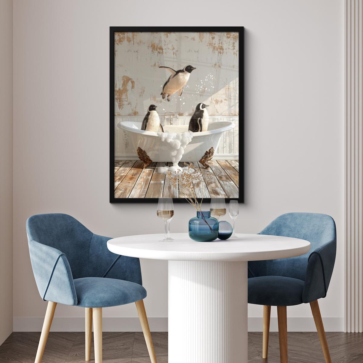 POSTER MIT RAHMEN Vintage - Pinguin - Badewanne - Schaumstoff Posterleiste 60x80 cm - Schwarz, Papier (60/80cm) - MuchoWow