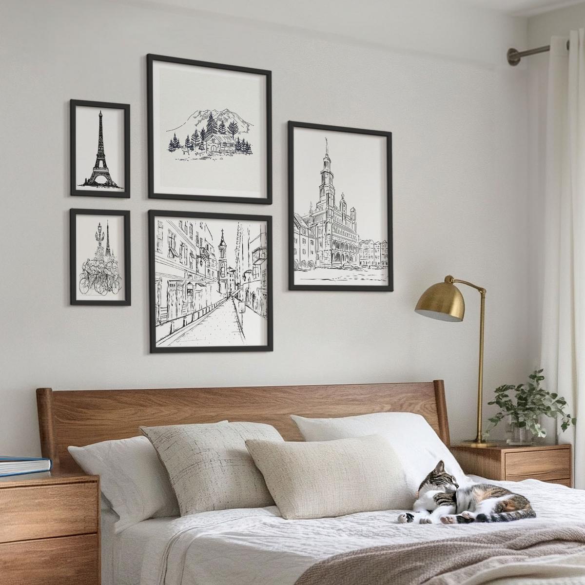 BILDER SET 5er Set - 50x50 cm & 20x30 cm & 40x60 cm Schwarzer Rahmen - Abstrakte Gemäldekompositionen - Schwarz, Kunststoff (40/60cm) - TULUP