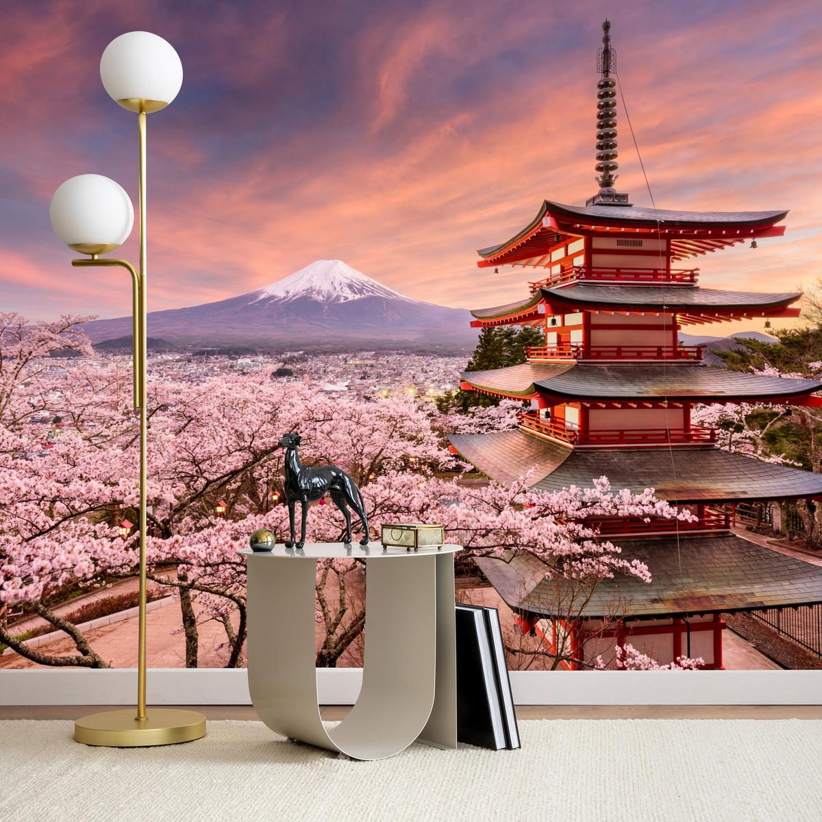 FOTOTAPETE Pagode Berg Fuji Sakura Landschaft 3D 100x70 - Rot/Violett, Papier (100/70cm) - Muralo