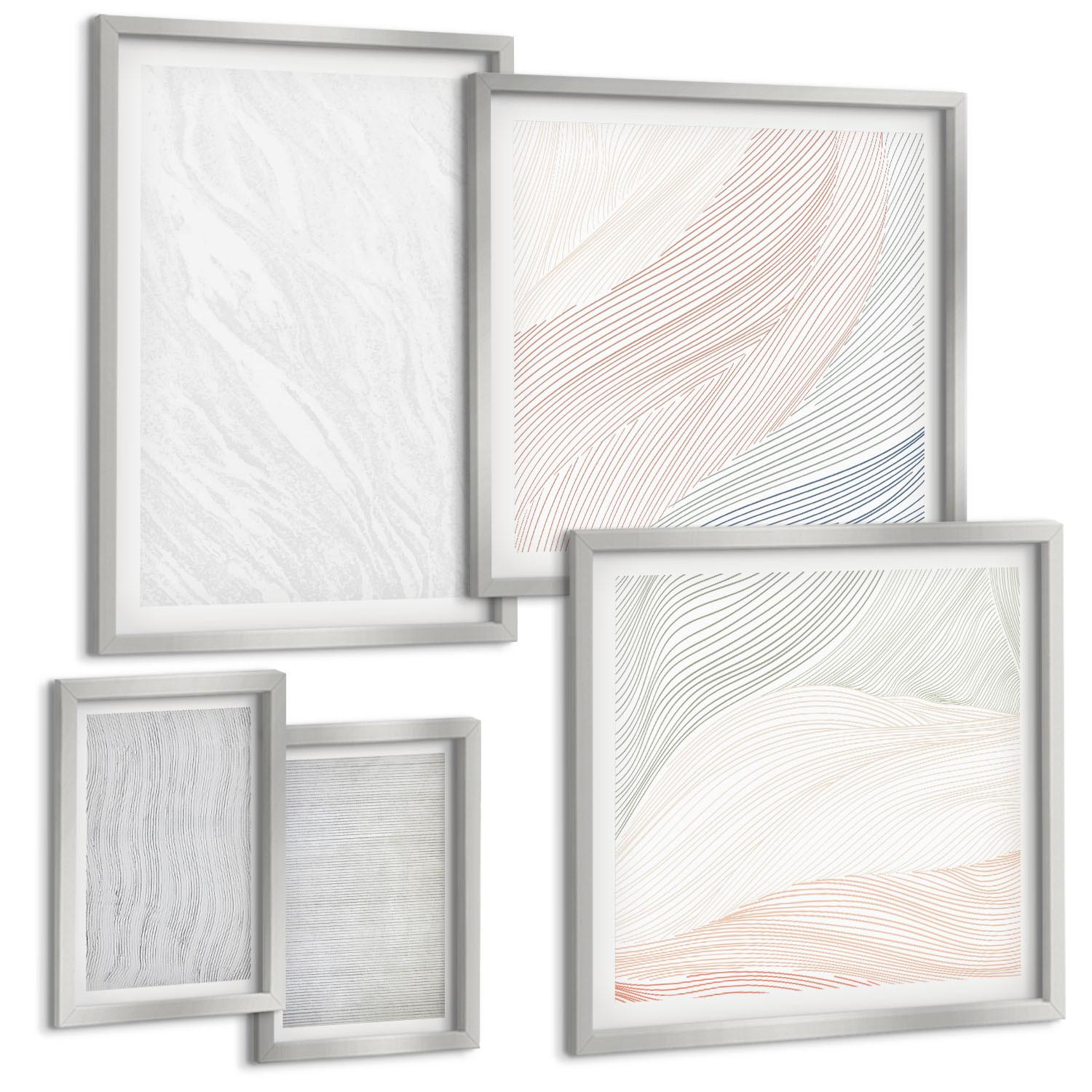 BILDER SET 5er Set - 50x50 cm & 20x30 cm & 40x60 cm Silberner Rahmen - Leuchtende Strukturen, Sandmuster - Silberfarben, Kunststoff (40/60cm) - TULUP