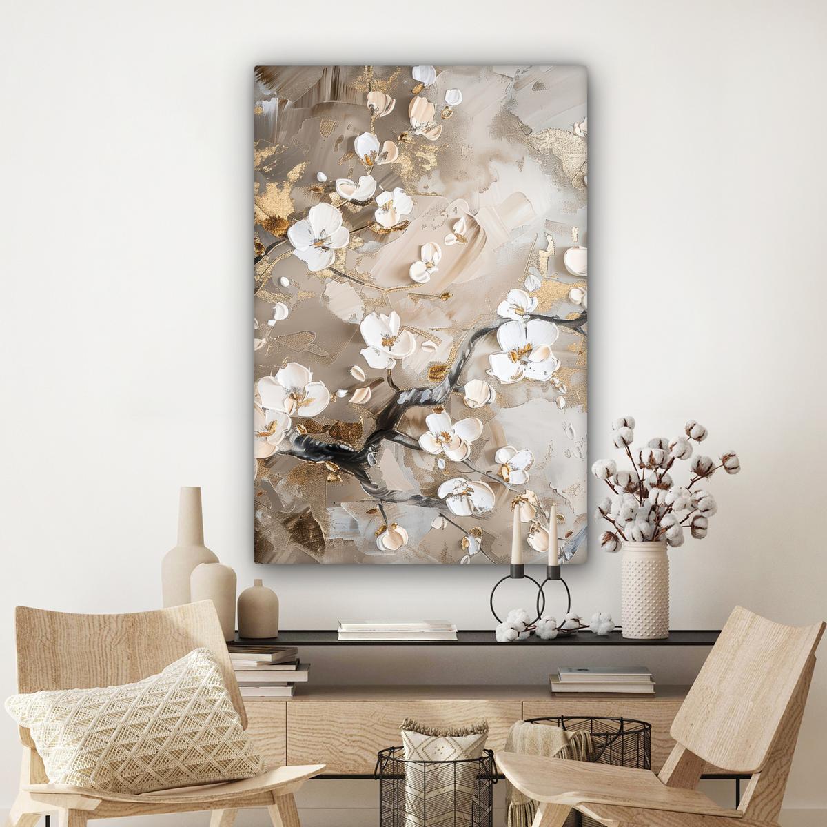LEINWANDBILD Blumen - Weiß - Gold - Beige - Luxus Deko XXL 80x120 cm - Greige, Textil (80/120cm) - MuchoWow