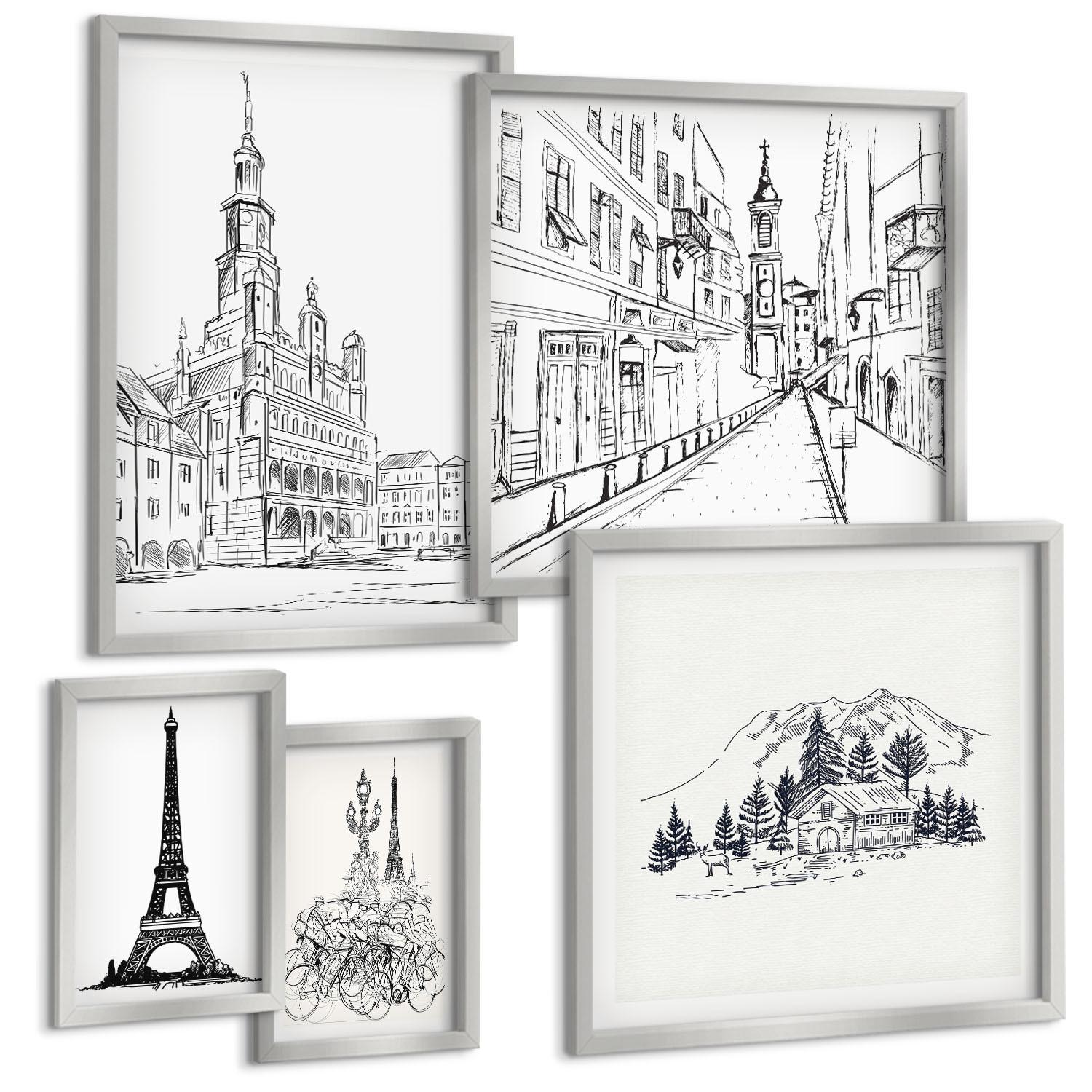 BILDER SET 5er Set - 50x50 cm & 20x30 cm & 40x60 cm Silberner Rahmen - Abstrakte Gemäldekompositionen - Silberfarben, Kunststoff (40/60cm) - TULUP