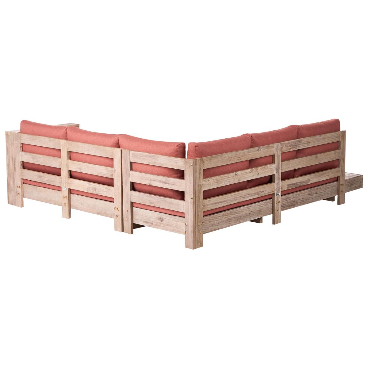 GARTENECKSOFA 5-Sitzer zertifiziertes Akazienholz linksseitig Rot Marettimo - Hellbraun/Rot, Holz (225/64/212cm) - Beliani