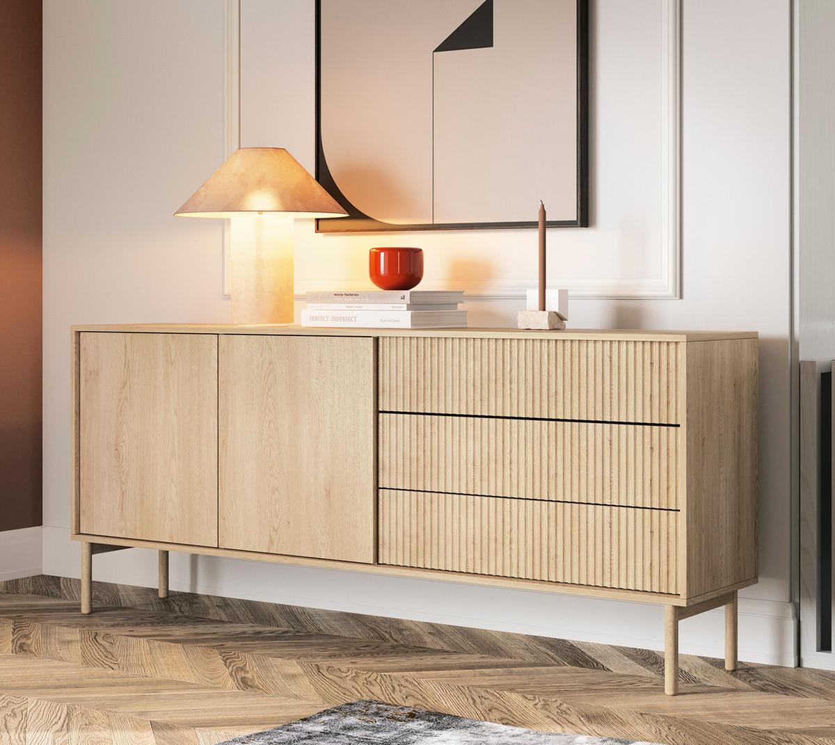 SIDEBOARD Trentinis 2T 3S Beige 187,1/41,4/39,5 cm – Geriffelte Fronten - Eichefarben, Holzwerkstoff/Metall (187.1/79.8/39.5cm) - AX Living