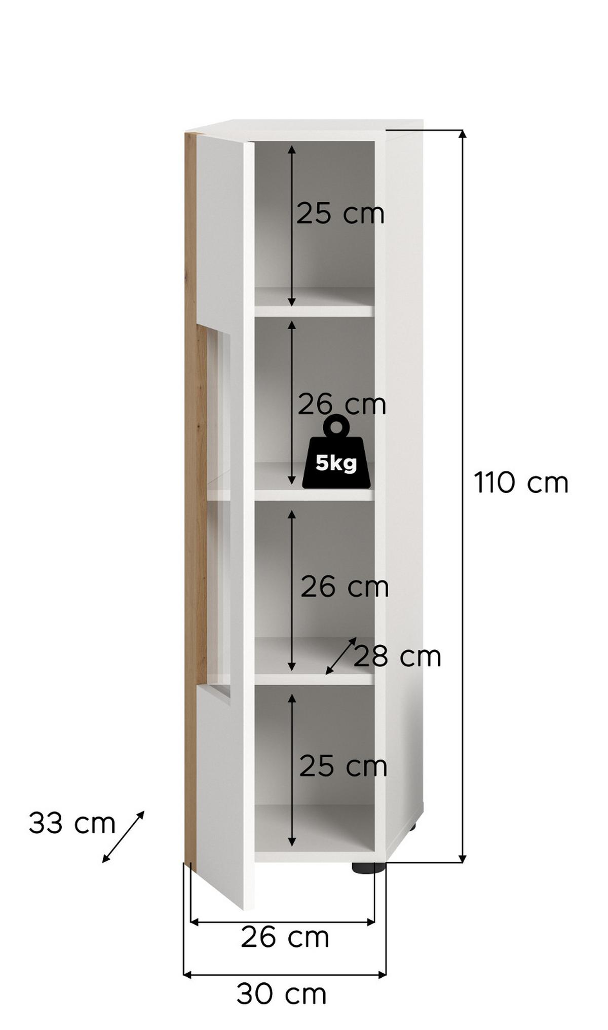 VITRINE weiß und Eiche 30 x 110 cm, Vitrinenschrank stehend/hängend - Schwarz/Weiß, Glas/Holzwerkstoff (30/112/33cm) - Inn.Furn
