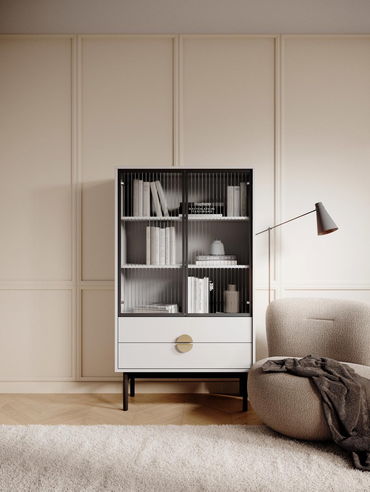 VITRINE Stoon II Weiß 150 cm - Goldfarben/Schwarz, Holzwerkstoff/Metall (85.5/150/41cm) - Selsey