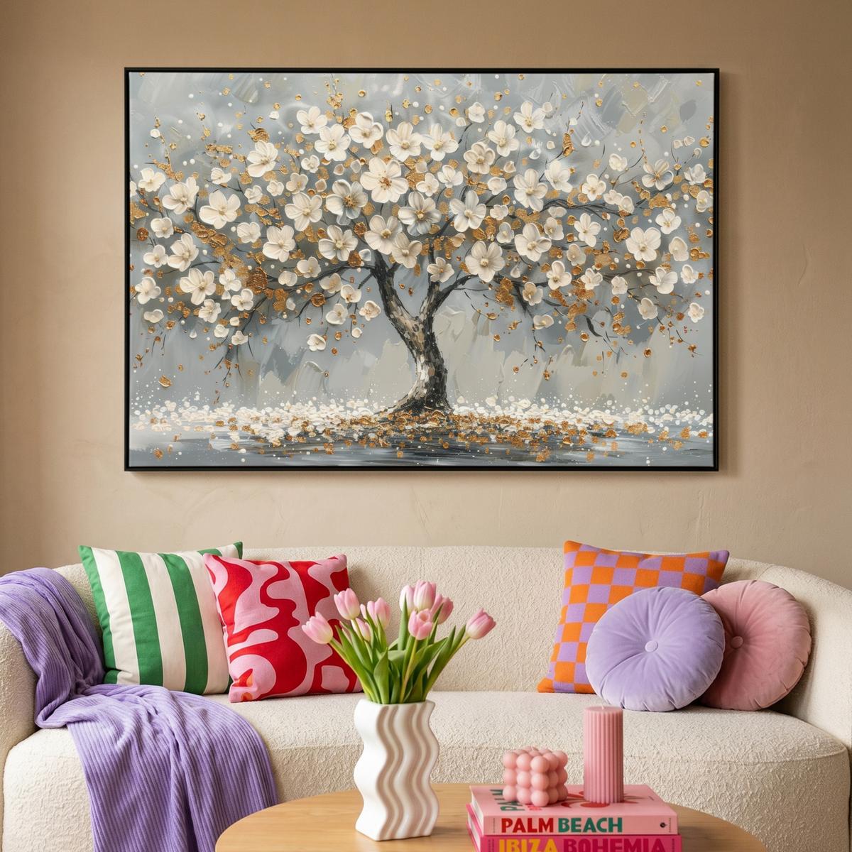 LEINWAND Bilder mit Rahmen - Baum - Blumen - Weiß - Natur - Kunst - 140x90 - Weiß, Textil (140/90cm) - MuchoWow