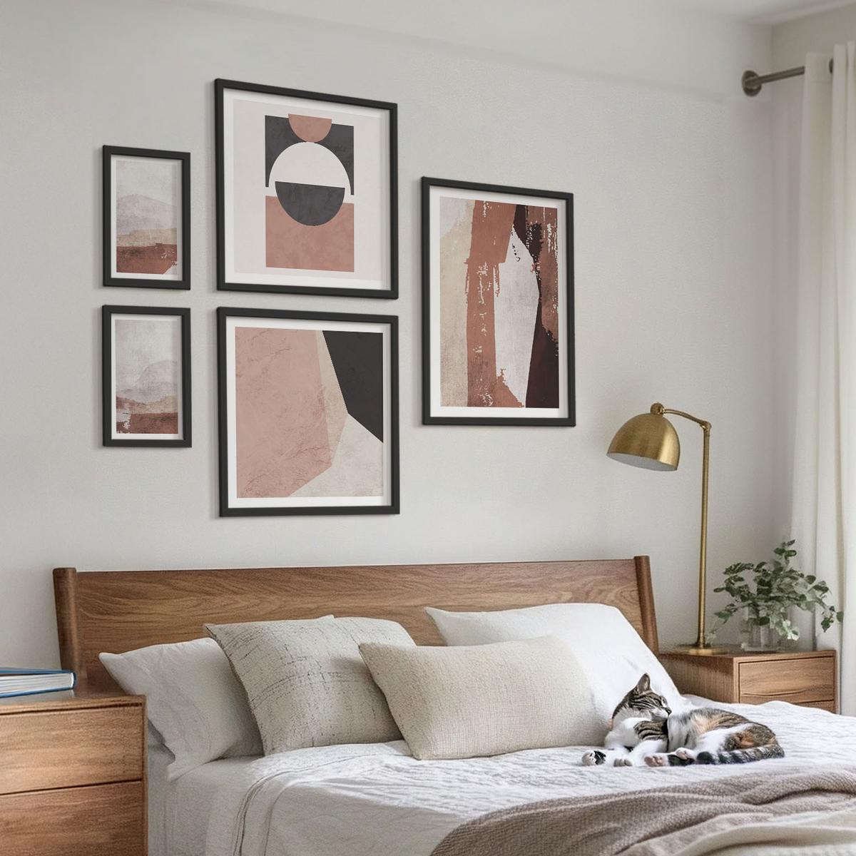 BILDER SET 5er Set - 50x50 cm & 20x30 cm & 40x60 cm Schwarzer Rahmen - Abstrakte braune Muster - Schwarz, Kunststoff (40/60cm) - TULUP