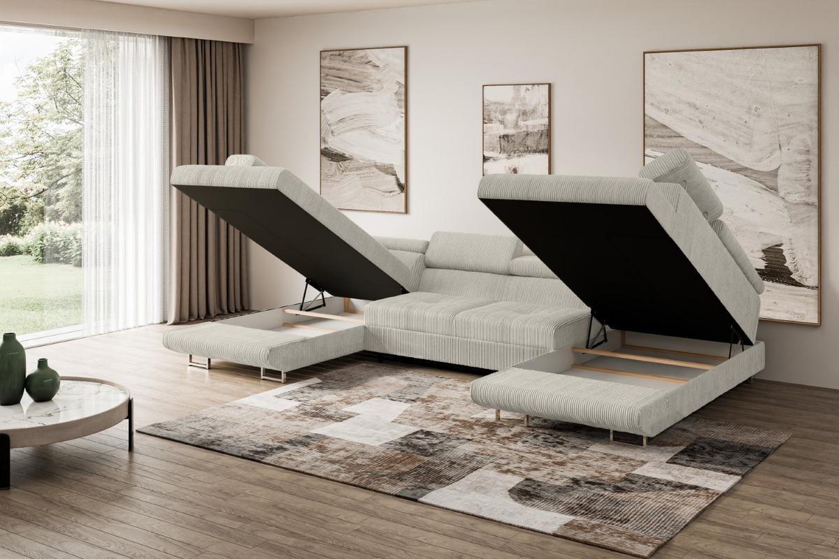 WOHNLANDSCHAFT mit Schlaffunktion und Bettkasten GUSA-U 342x202x107 cm Creme Cord - Silberfarben/Hellgrau, Holzwerkstoff/Textil (342/107/202cm) - ALTDECOR