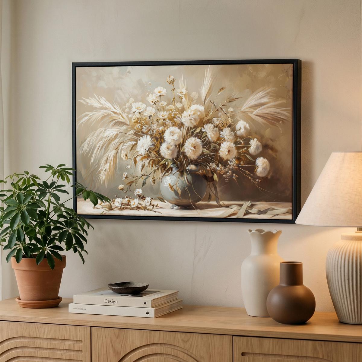 LEINWAND Bilder mit Rahmen - Blumen - Vase - Stilleben - Beige - 60x40 - Creme, Textil (60/40cm) - MuchoWow