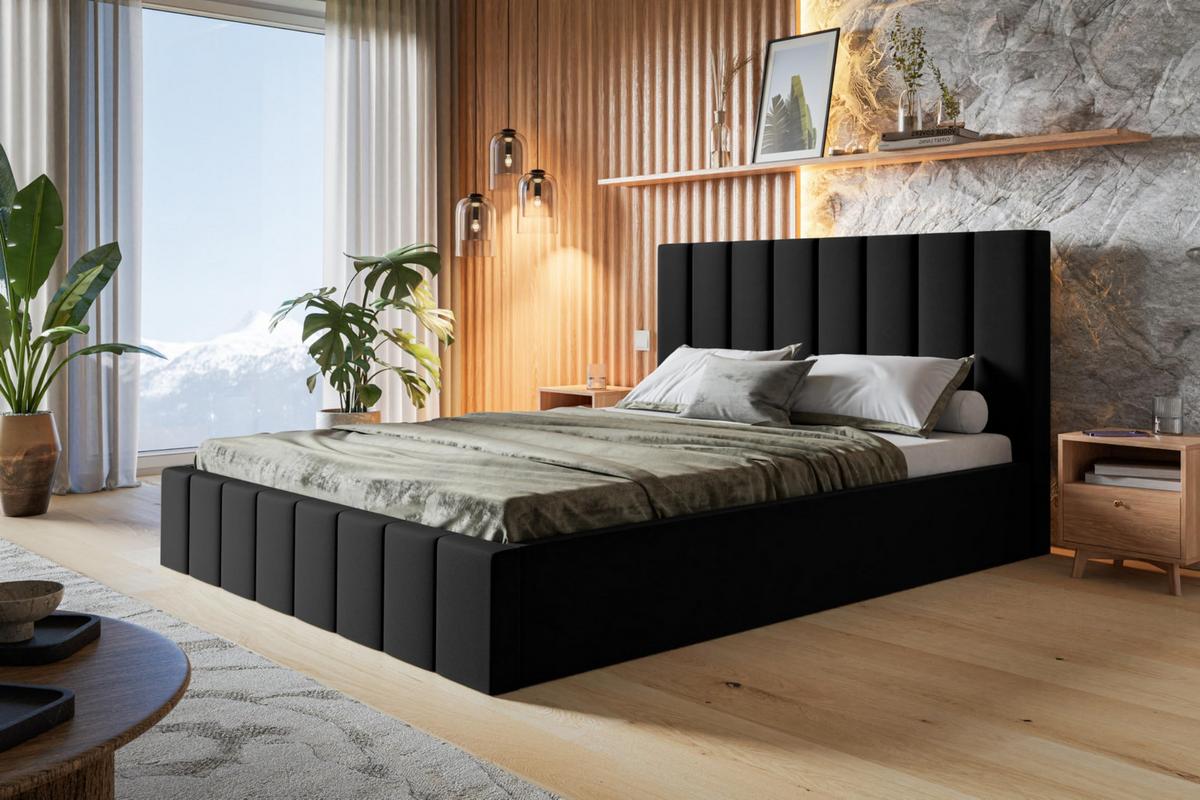 BETT 90x200 - Polsterbett mit Bettkasten und Metallrahmen - Modern Betten - Weicher Jasminstoff - Kollektion Toledo - Schwarz - Schwarz, Holz/Textil (90/200cm) - Alpi-Möbel
