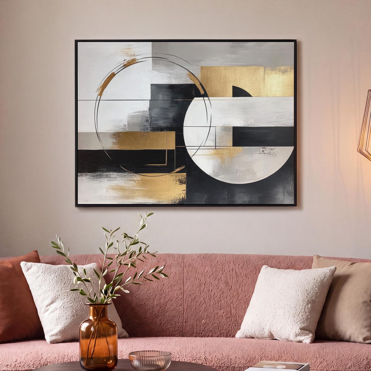LEINWAND Bilder mit Rahmen - Abstrakt - Gold - Silber - Formen - Ästhetik - 100x70 - Multicolor, Textil (100/70cm) - MuchoWow