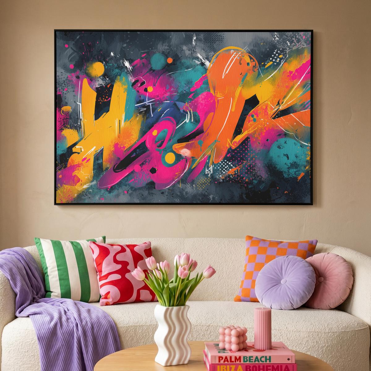 LEINWAND Bilder mit Rahmen - Abstrakt - Graffiti - Farbenfroh - Farbspritzer - 120x80 - Multicolor, Textil (120/80cm) - MuchoWow
