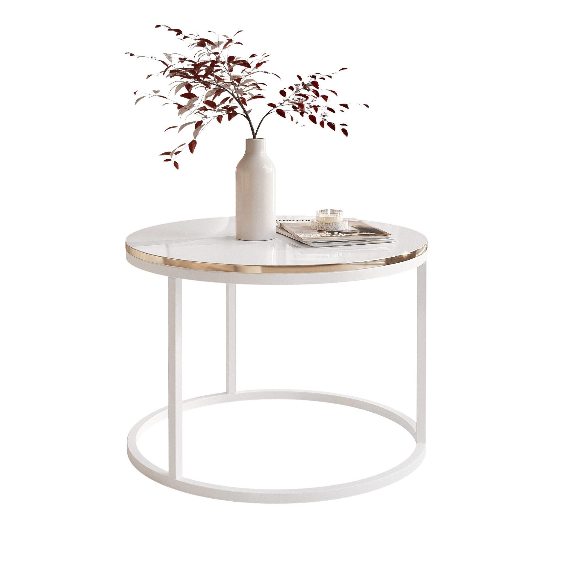 COUCHTISCH 60 cm rund Weiß Hochglanz + Gold, Weiß Gestell - Weiß Hochglanz/Goldfarben, Holzwerkstoff (60/60/42cm) - Idohome