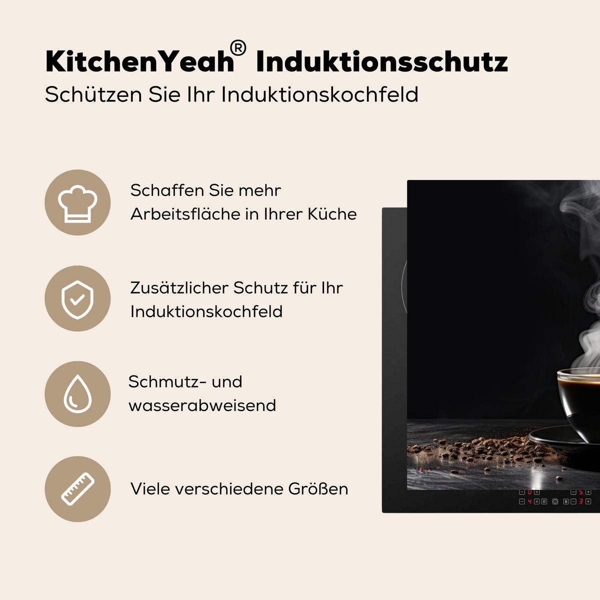 HERDABDECKPLATTE Kaffee - Schwarz - Bohnen - Heiß - Tasse Herdabdeckung Induktionsfeld 70x52 cm - Schwarz, Kunststoff (70/52/0.2cm) - MuchoWow