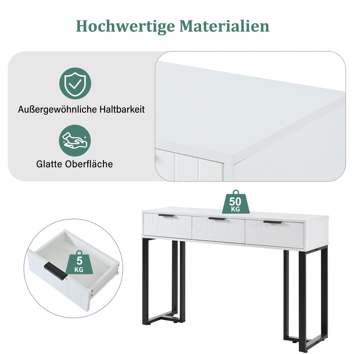 KONSOLENTISCH mdf in weiß & schwarz mit metallgestell, 3 schubladen & verstellbare fußpolster - Weiß, Holzwerkstoff (36/120/80cm) - Urban Meuble