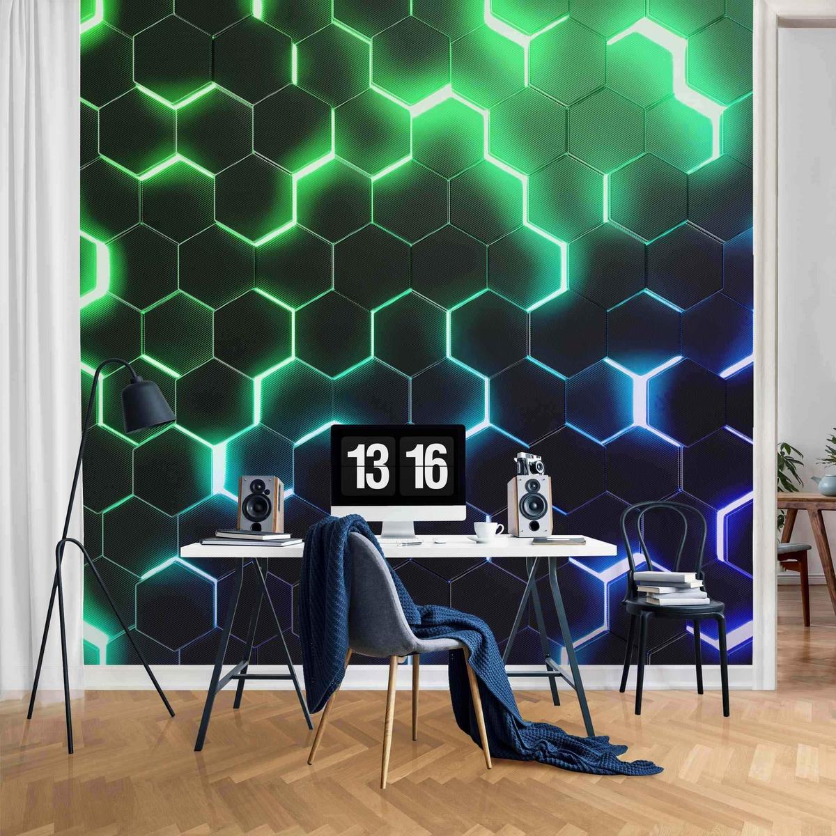 FOTOTAPETE Strukturierte Hexagone mit Neonlicht in Grün und Blau 288/288 cm - Schwarz, Papier (288/288cm) - Bilderwelten