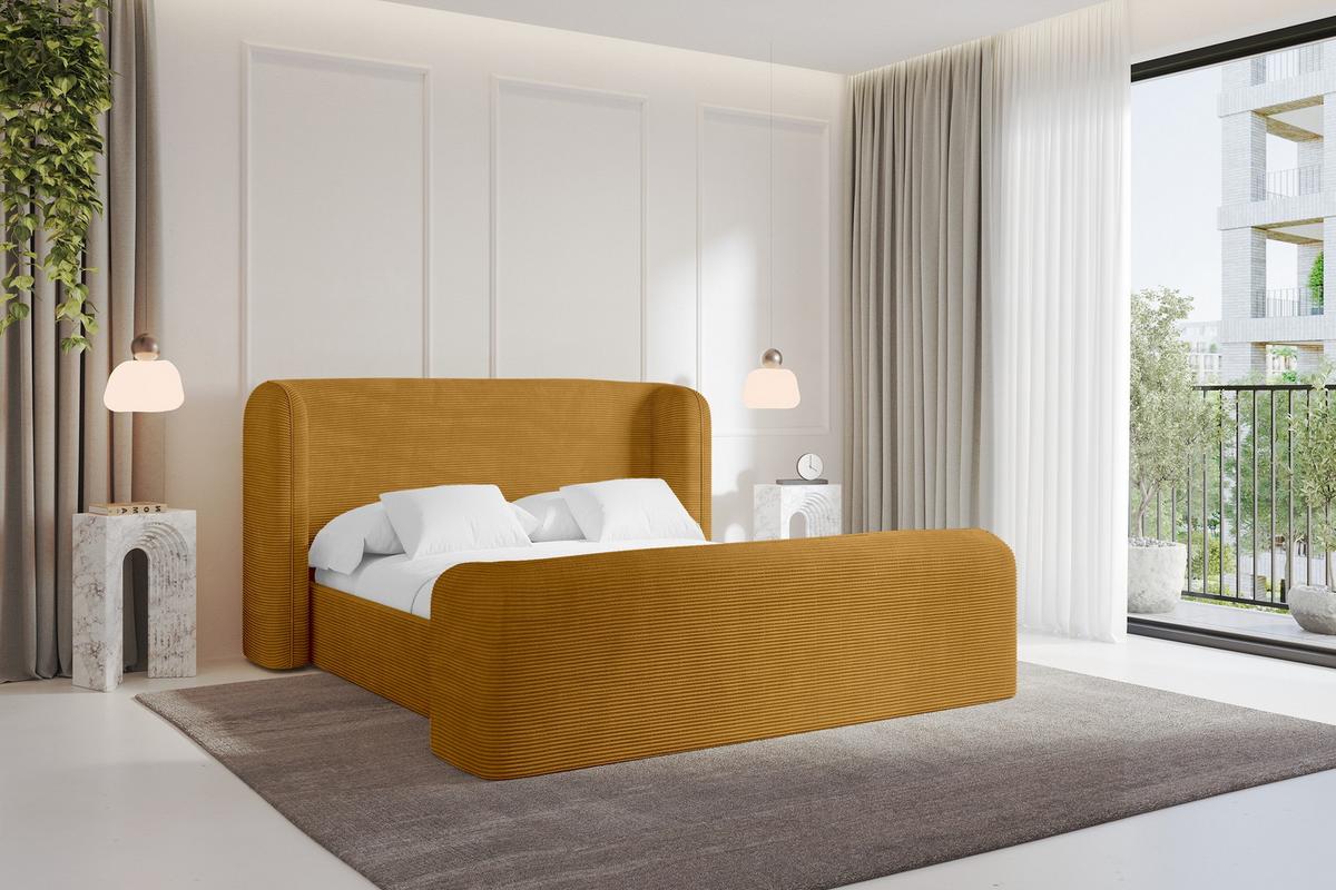 POLSTERBETT mit Bettkasten, Fußteil und Lattenrost, Bett mit Matratze H3/H4 - ESTI-Z 140x200 Senfgelb - Currygelb, Holzwerkstoff/Textil (140/200cm) - ALTDECOR