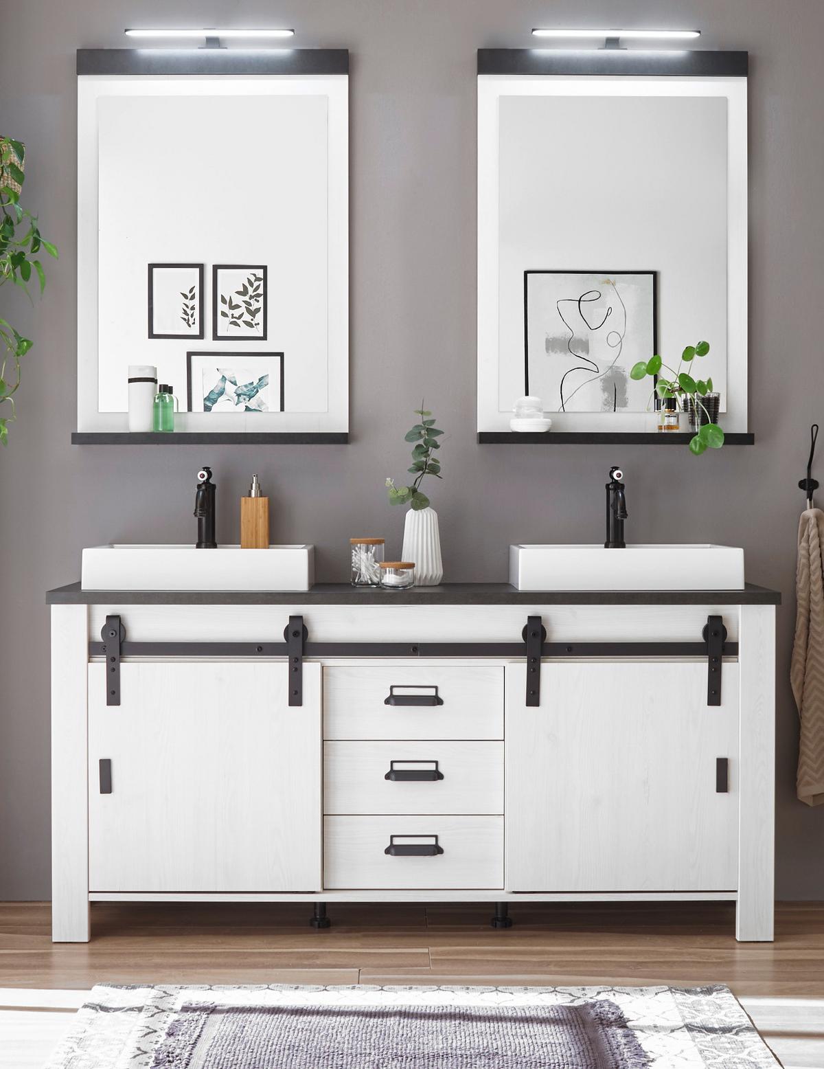 BADMÖBEL-SET weiß Pinie, anthrazit Landhaus, Doppelwaschtisch mit Waschbecken und LED - Anthrazit/Weiß, Holzwerkstoff/Metall (163/210/43cm) - Furn.Design