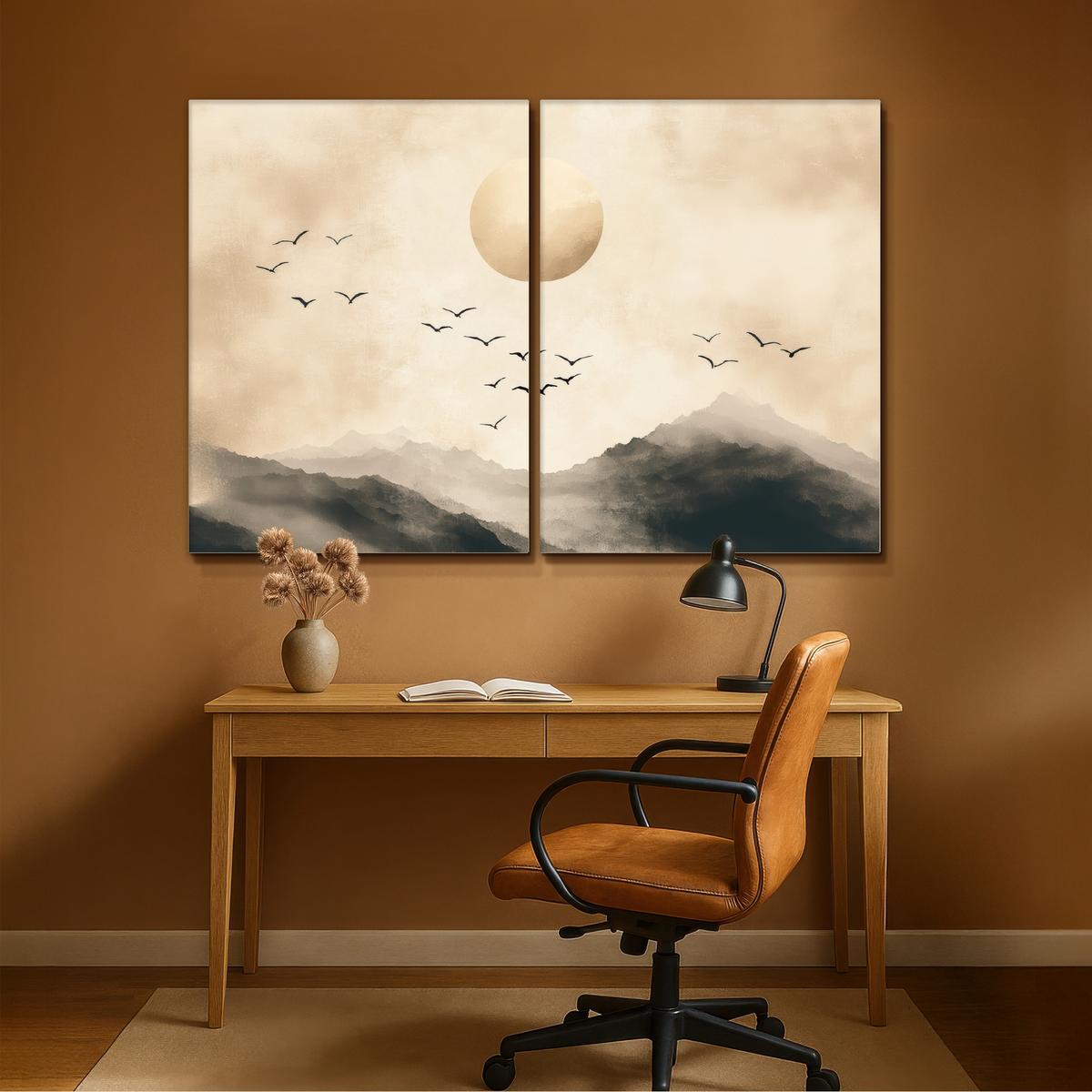 LEINWANDBILD 2er Set Landschaft - Japandi - Beige - Vögel 180x120 cm - Beige, Textil (180/120cm) - MuchoWow